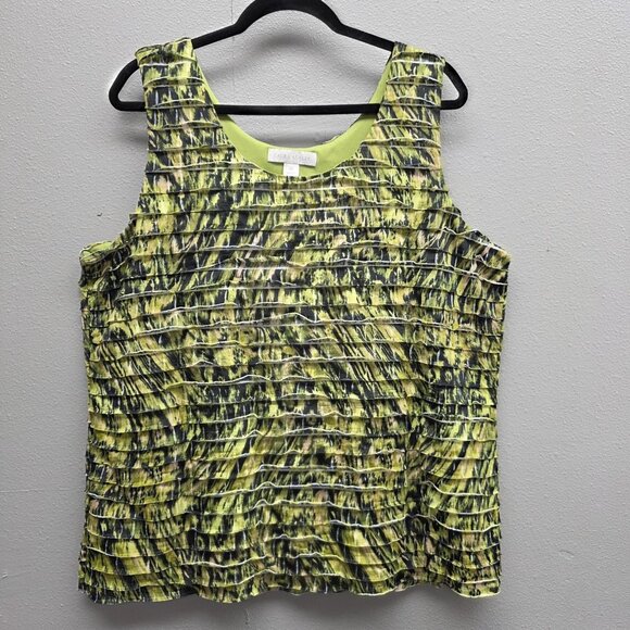 Laura Ashley Shirt Womens 2X Green Abstract Pleated Sleeveless Lined Tank Top - Picture 1 of 11